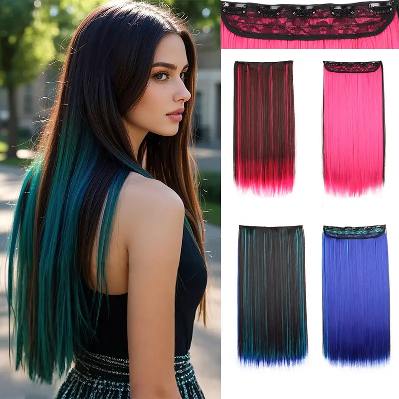 Synthetic Long Straight One Piece With 5 Clip In Hair Extensions for Women Rainbow Color Hair Accessories Halloween