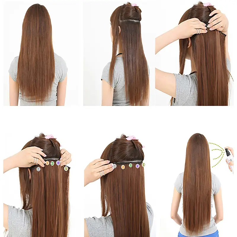 24Inch Synthetic Long Straight Clip-in Hair Extensions One Piece 5Clips Multicolor Ombre Pink Red Blue for Women