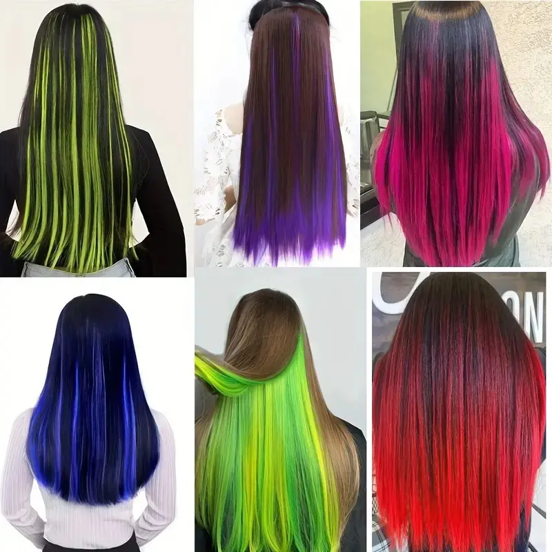 24Inch Synthetic Long Straight Clip-in Hair Extensions One Piece 5Clips Multicolor Ombre Pink Red Blue for Women