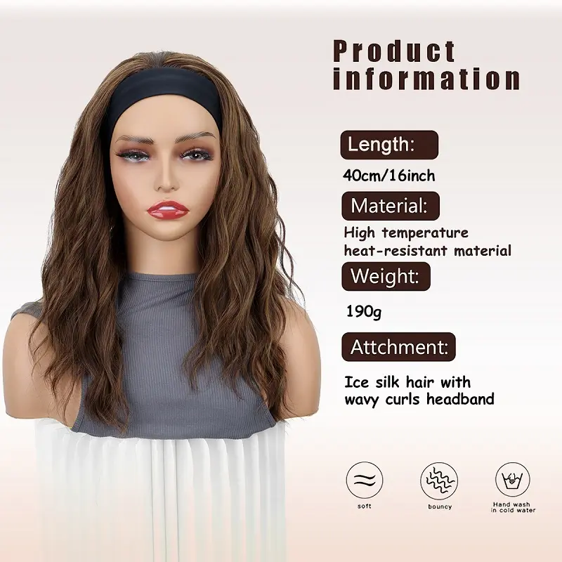 Headband Synthetic Wigs Short Curly Brown Highlight Golden Headband Wigs for Women Daily Cosplay Heat Resistant