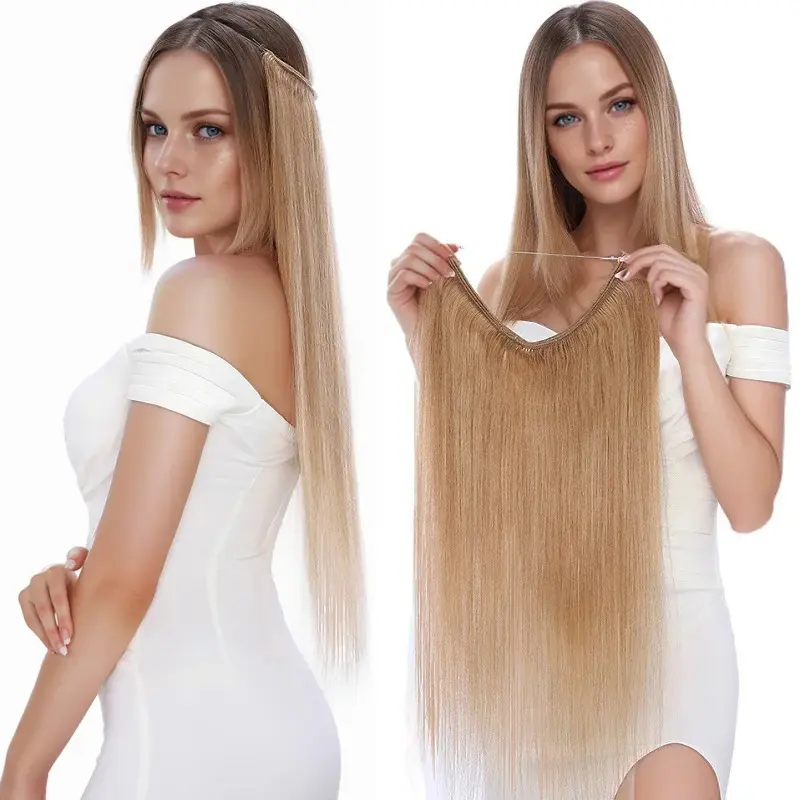24Inch Synthetic No Clip Long Straight Hair Extension Fish Line Fake Hair Black Blonde Hairpiece for Women