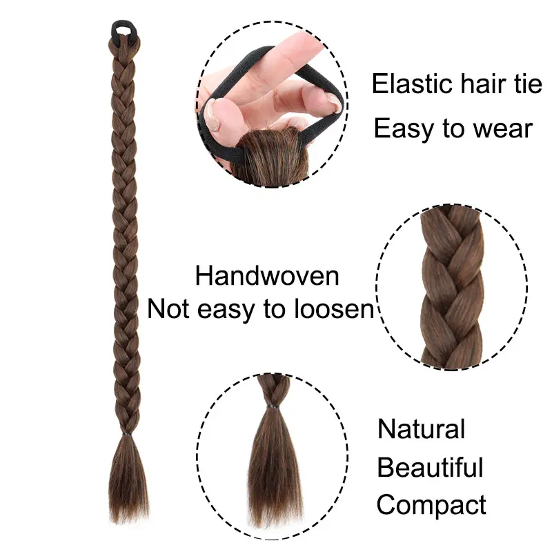 24Inch 2pcs Braided Ponytail Extensions Soft Synthetic Straight Wrap Around Hairpieces for Women Daily Wear Accessories