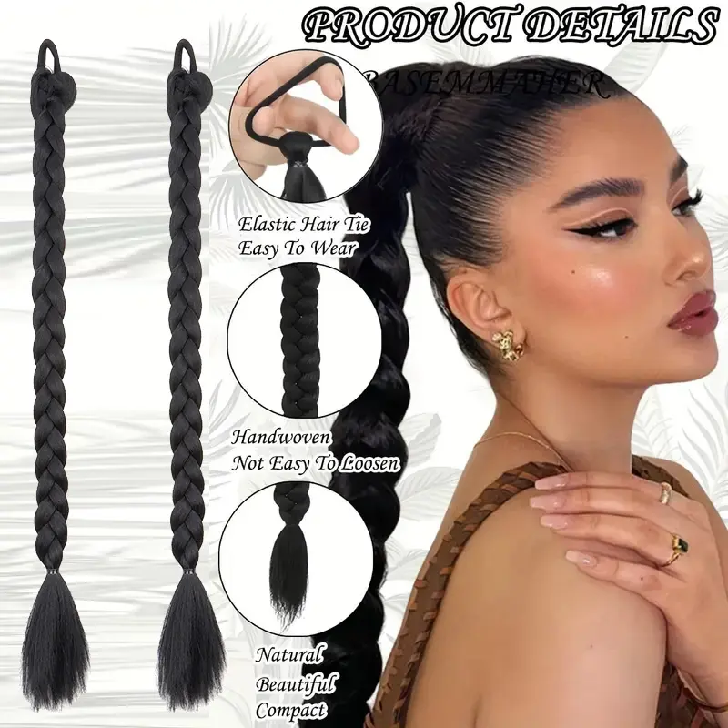 24Inch 2pcs Braided Ponytail Extensions Soft Synthetic Straight Wrap Around Hairpieces for Women Daily Wear Accessories