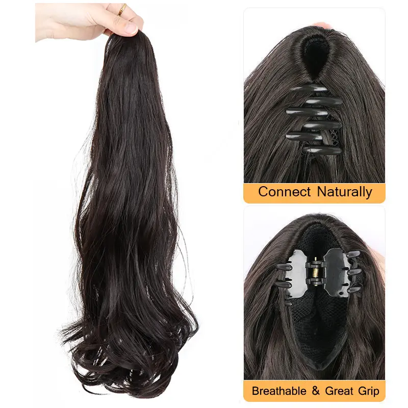 18Inch Synthetic Long Wavy Curly Ponytail Claw Clip in Hair Extension Black Brown Hairpiece Easy to Wear for Women