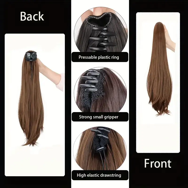 Synthetic 16Inch/20Inch Long Straight Grab Clip In Ponytail Hair Extensions Black Hairpiece for Women Hair Accessories