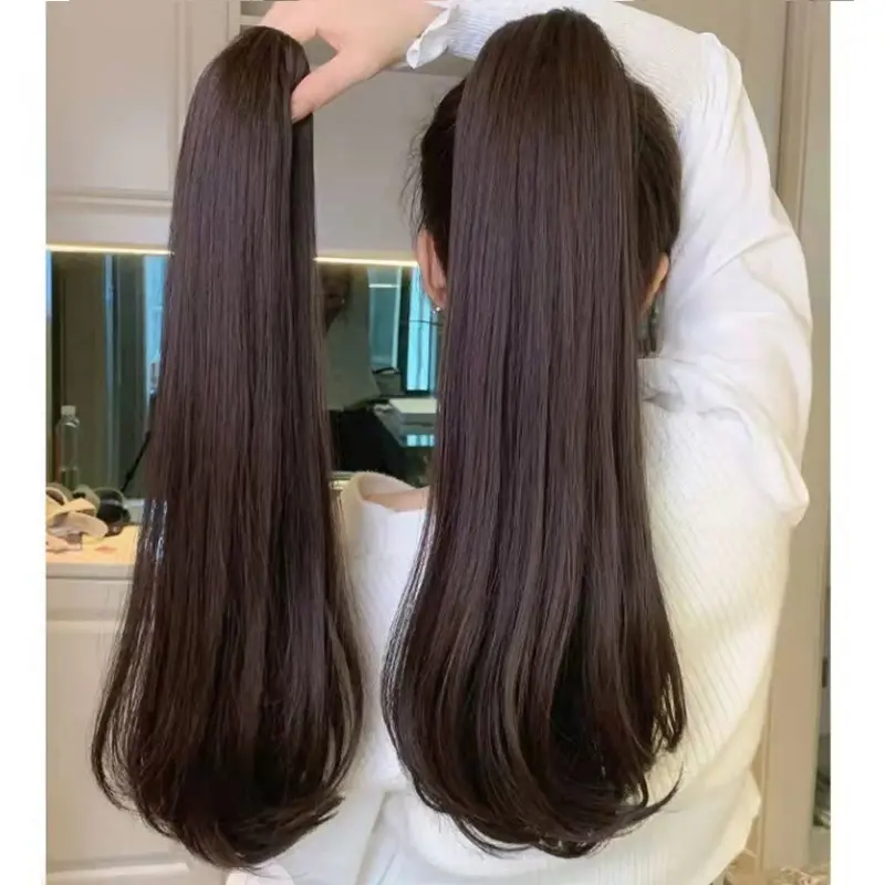 Synthetic 40cm/50cm Claw Clip Micro Curly in Ponytail Extension Long Straight Curly Black Brown Ponytail Hairpiece for Women