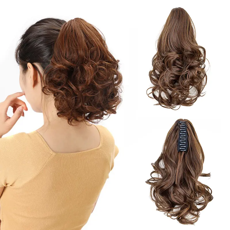 10Inch Synthetic Short Wavy Curly Ponytail Claw Clip in Hair Extension Brown Black Hairpiece for Women