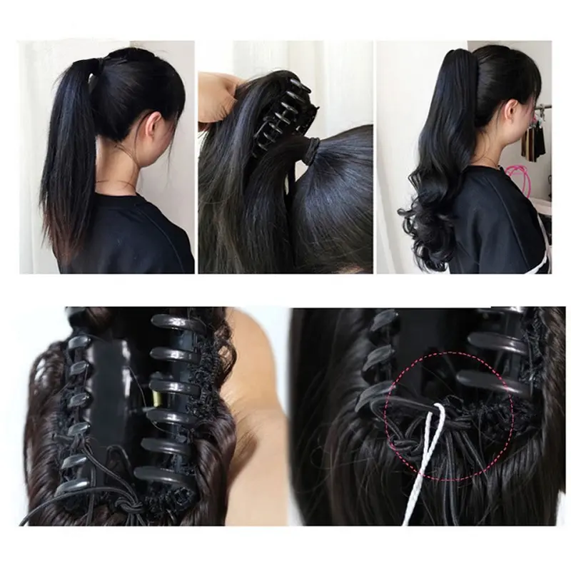 10Inch Synthetic Short Wavy Curly Ponytail Claw Clip in Hair Extension Brown Black Hairpiece for Women