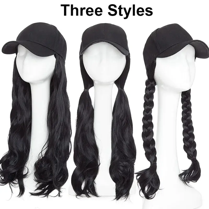 20Inch Synthetic Long Curly Baseball Cap Hat Wigs Heat Resistrant Black Brown Hairpiece for Women