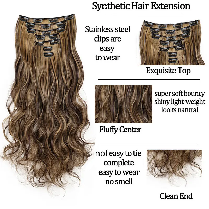 Clip In Hair Extensions 7pcs/Set Curly Long Synthetic Clip On Hairpiece Black Brown  Wavy Curly Style For Women Girls