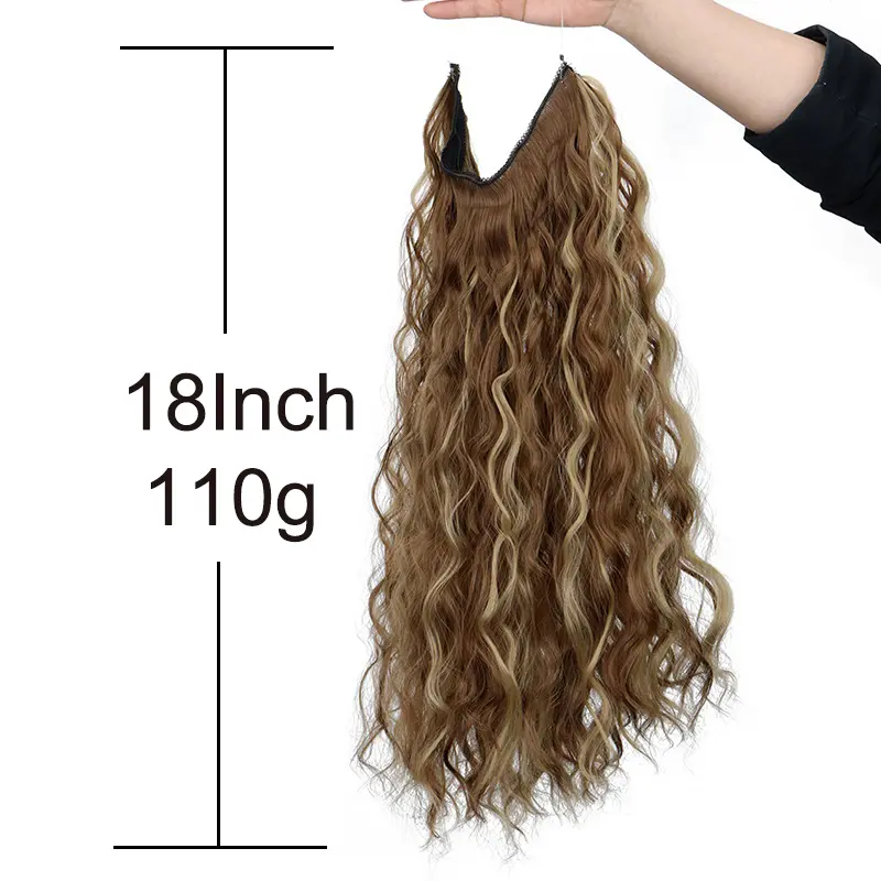 Synthetic 18Inch Long Wavy Curly Hair Extension Invisible Hairpice Fish Line Black Brown Hair for Women