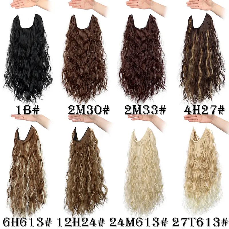 Synthetic 18Inch Long Wavy Curly Hair Extension Invisible Hairpice Fish Line Black Brown Hair for Women