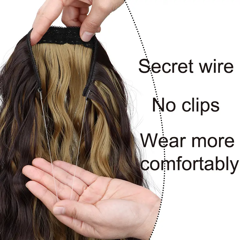 Synthetic 18Inch Long Wavy Curly Hair Extension Invisible Hairpice Fish Line Black Brown Hair for Women