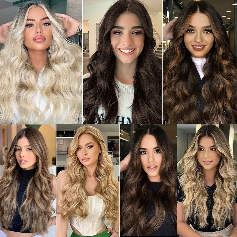 Synthetic 18Inch Long Wavy Curly Hair Extension Invisible Hairpice Fish Line Black Brown Hair for Women