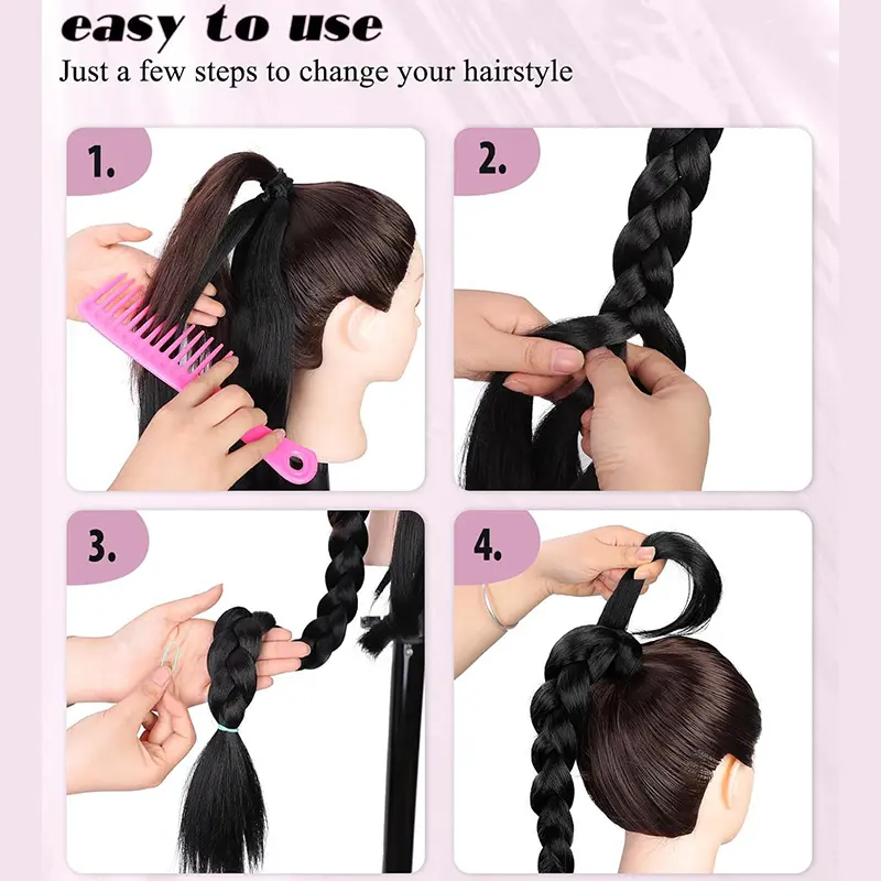 Synthetic Long Straight DIY Pre-sectioned Boxing Braiding Ponytail With Rubber Band Hairpiece for Women