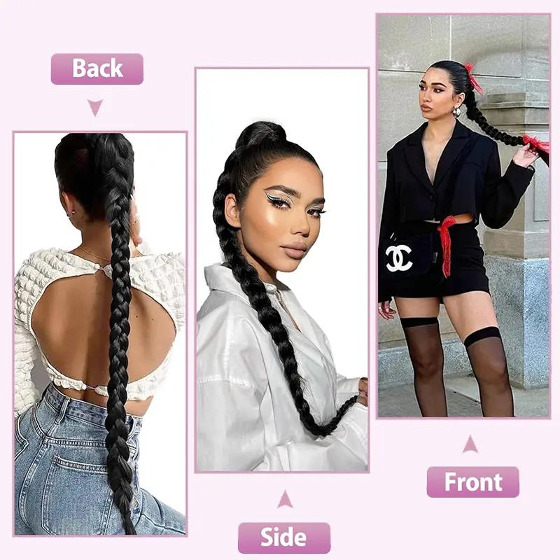 Synthetic Long Straight DIY Pre-sectioned Boxing Braiding Ponytail With Rubber Band Hairpiece for Women