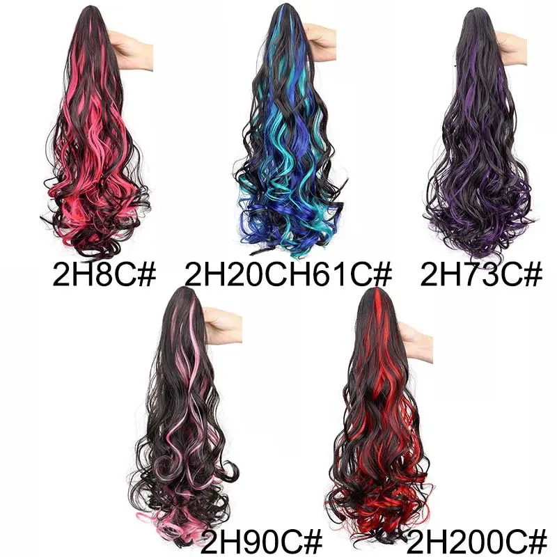 Synthetic 20Inch Long Curly Ponytail Claw Clip in Hair Extension Mixed Red Purple Hairpiece for Women