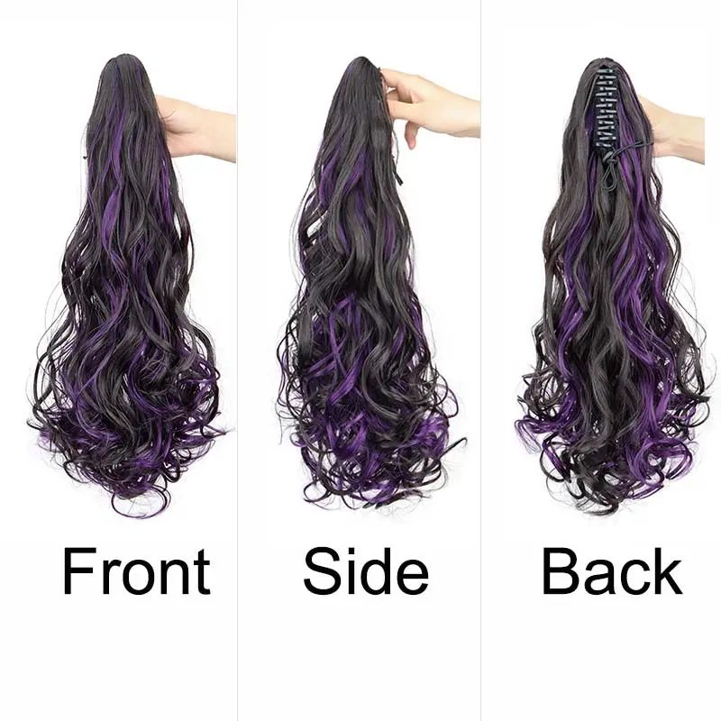 Synthetic 20Inch Long Curly Ponytail Claw Clip in Hair Extension Mixed Red Purple Hairpiece for Women