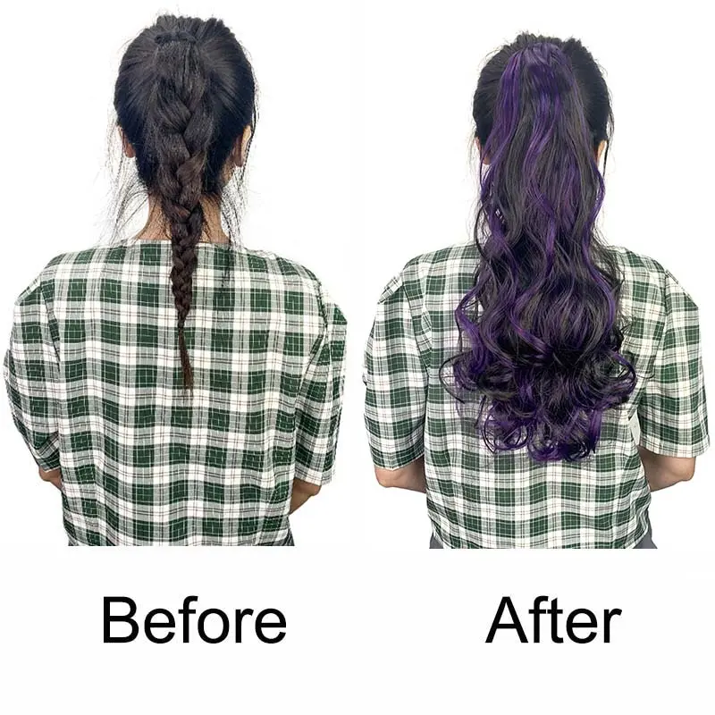 Synthetic 20Inch Long Curly Ponytail Claw Clip in Hair Extension Mixed Red Purple Hairpiece for Women