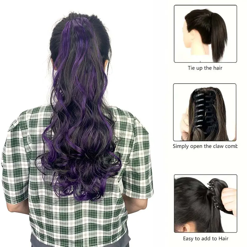 Synthetic 20Inch Long Curly Ponytail Claw Clip in Hair Extension Mixed Red Purple Hairpiece for Women