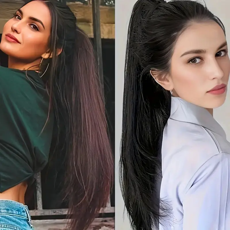 16/20Inch Synthetic Long Straight Slightly Warped Ponytail Claw Clip in Hair Extension Heat Resistant Hairpiece for Women