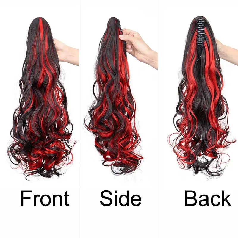 20Inch Clip In Synthetic Highlighted Ponytail Hair Extensions Claw Long Curly Hair Accessory Red Blue Hairpiece for Women