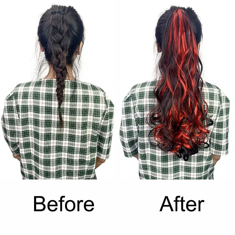 20Inch Clip In Synthetic Highlighted Ponytail Hair Extensions Claw Long Curly Hair Accessory Red Blue Hairpiece for Women