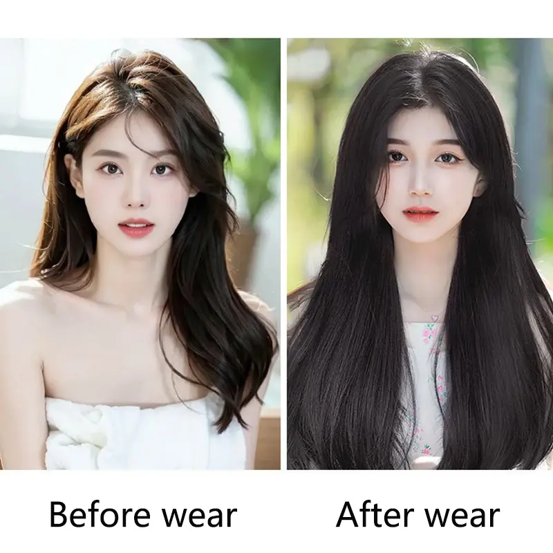 18Inch Synthetic 4 Clips V-shaped Hair Extension Long Straight Internal Buckle Style Black Brown Hairpiece for Women