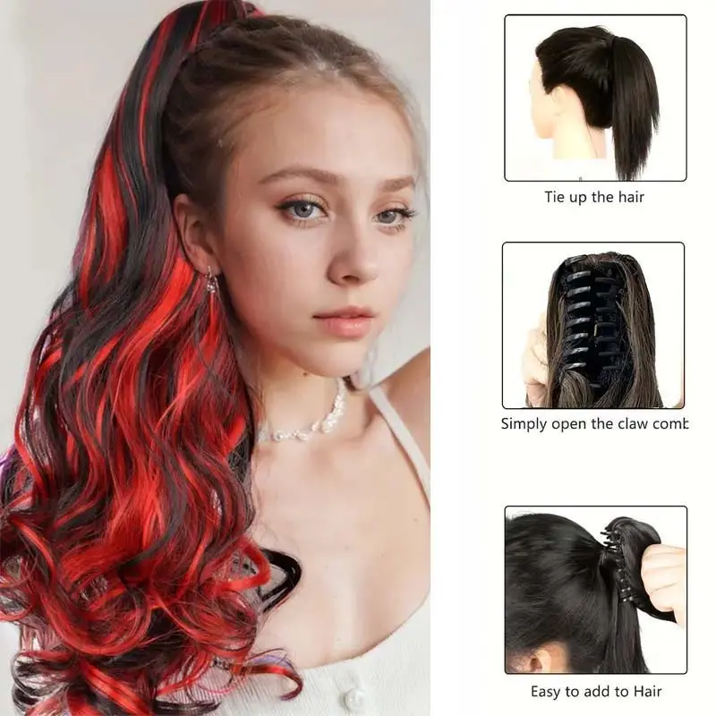 20Inch Clip In Synthetic Highlighted Ponytail Hair Extensions Claw Long Curly Hair Accessory Red Blue Hairpiece for Women