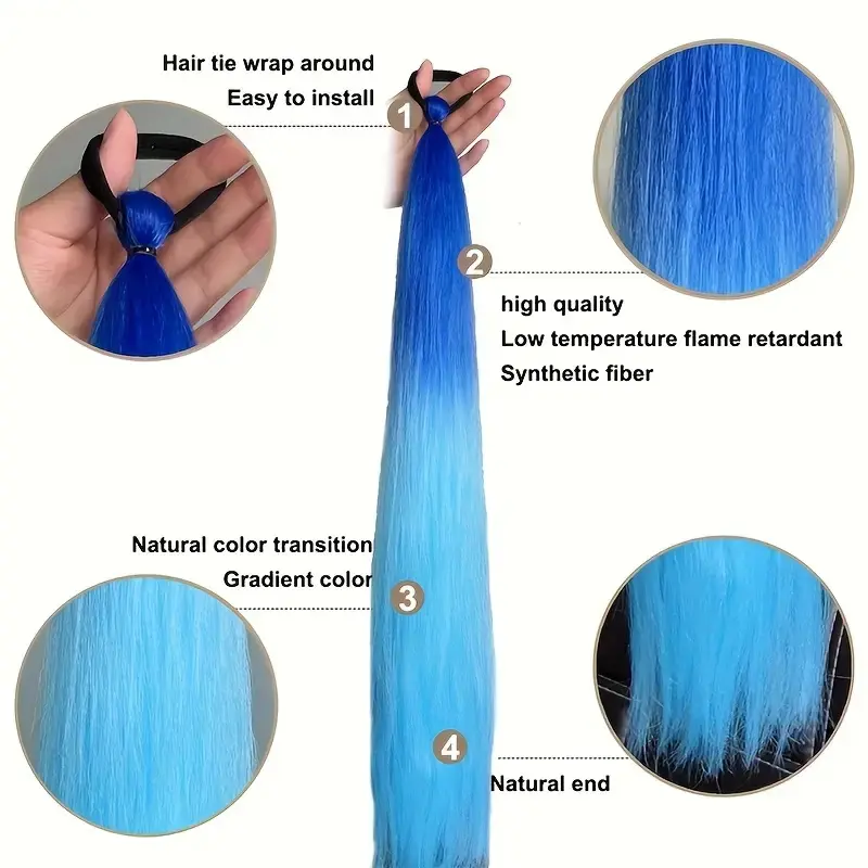 Synthetic Ombre Colors Jumbo Braid Ponytail Elastic Rubber Band Hair Extenison Elegant Perfect Holiday Hairstyle Easy to Wear