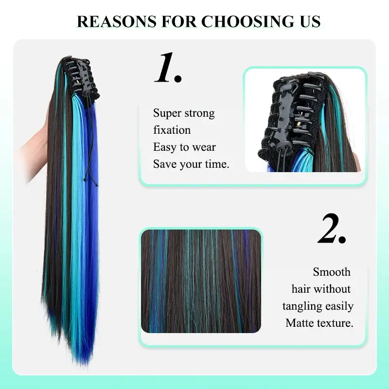 24Inch Long Straight Synthetic Hair Clip In Hair Extension Highlights Colors Claw Ponytail Hairpiece  Accessories for Women