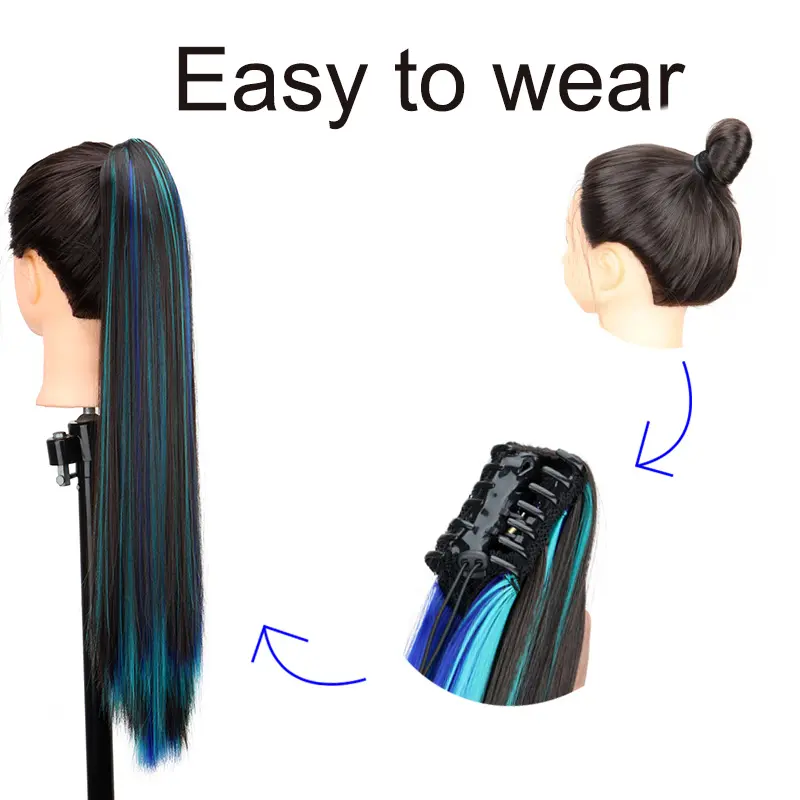 24Inch Long Straight Synthetic Hair Clip In Hair Extension Highlights Colors Claw Ponytail Hairpiece  Accessories for Women