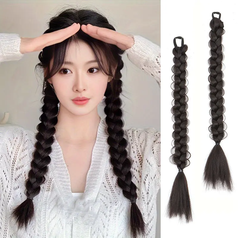 18Inch Synthetic Long Box Fishbone Braided Ponytail Hair Extension Black Brown Mixed Pink Grey Hairpiece for Women
