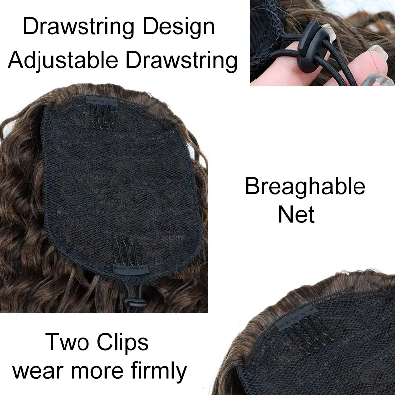Synthetic 18Inch Long Kinky Curly Ponytail Drawstring Clip in Hair Extension Puff Afro Black Brown Hairpiece for Women