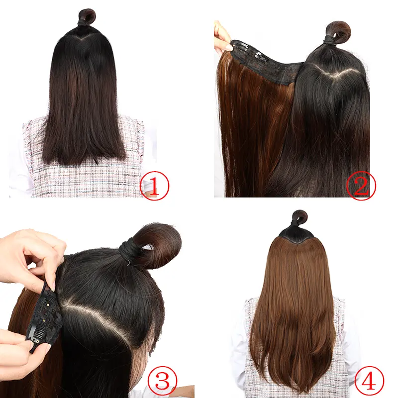 22Inch Synthetic Long Straight Curly V-Shaped Layered 4 Clips Hair Extension Black Brown Hairpiece for Women