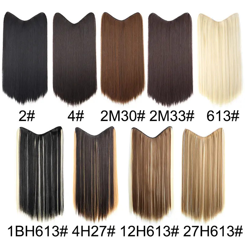24Inch Synthetic Long Straight One Piece Hair Extension 4 Clips V-shaped Hairstyle Black Blonde Hairpiece for Women