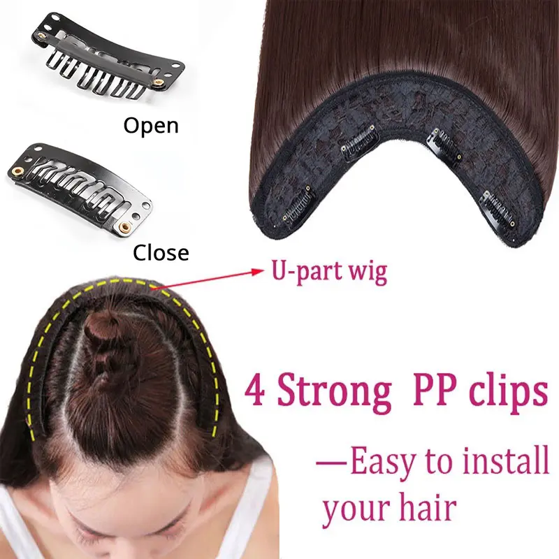 24Inch Synthetic Long Straight One Piece Hair Extension 4 Clips V-shaped Hairstyle Black Blonde Hairpiece for Women