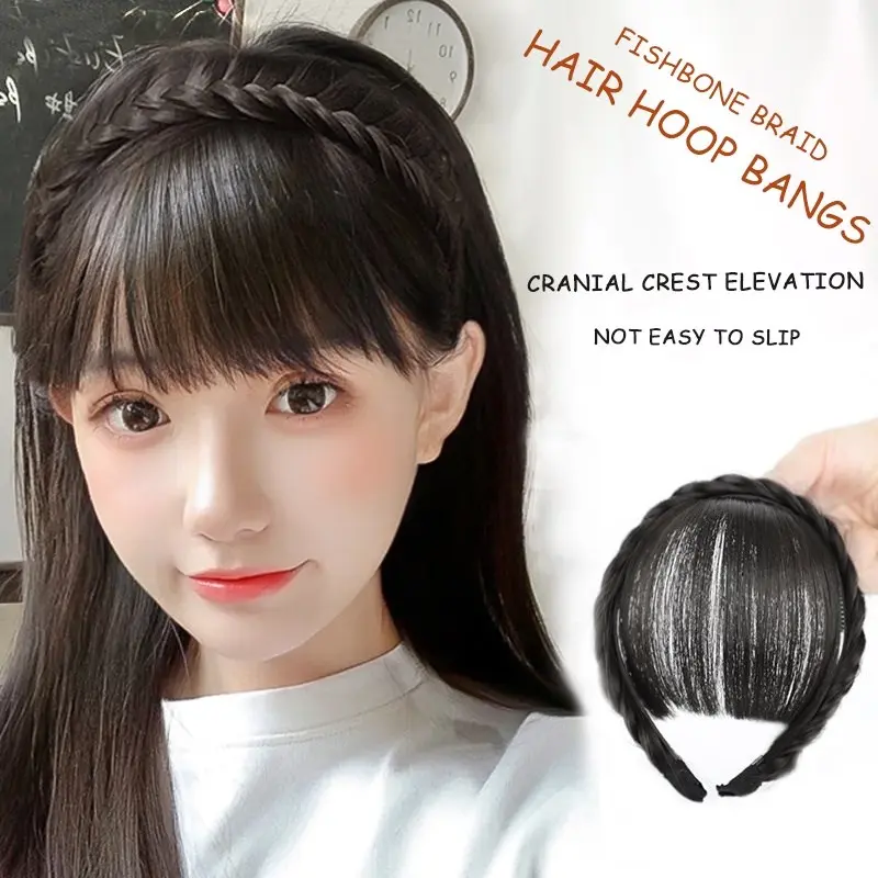 Synthetic Headband Bangs Braid Hair Extension Fake Hair Blunt Fringe Without Long Sides Daily Black Brown Hairpiece for Women