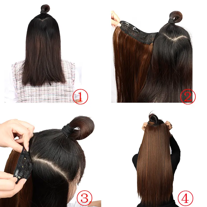 24Inch Synthetic Long Straight One Piece Hair Extension 4 Clips V-shaped Hairstyle Black Blonde Hairpiece for Women