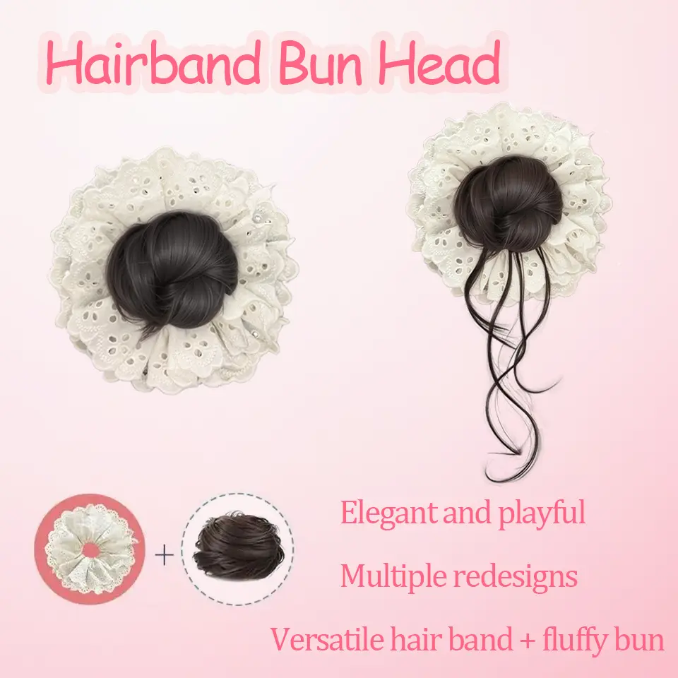 LUPU White Lace wig with bun，Synthetic Bun Wig For Women Elastic Lace Hairband Flower Bud Hair Accessorie