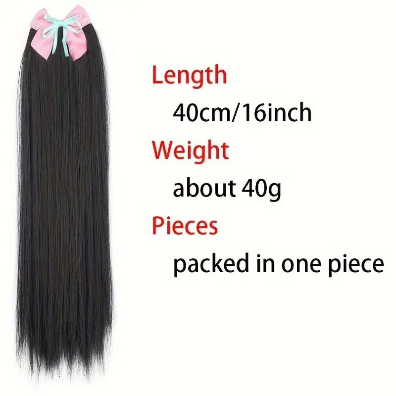 Synthetic Long Wig Straight Hair Clip Bow Hair Accessory Cute Princess Shaped Hair ClipPonytail for Girls