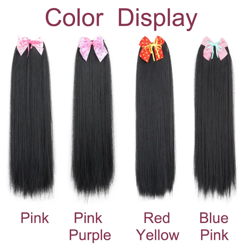 Synthetic Long Wig Straight Hair Clip Bow Hair Accessory Cute Princess Shaped Hair ClipPonytail for Girls