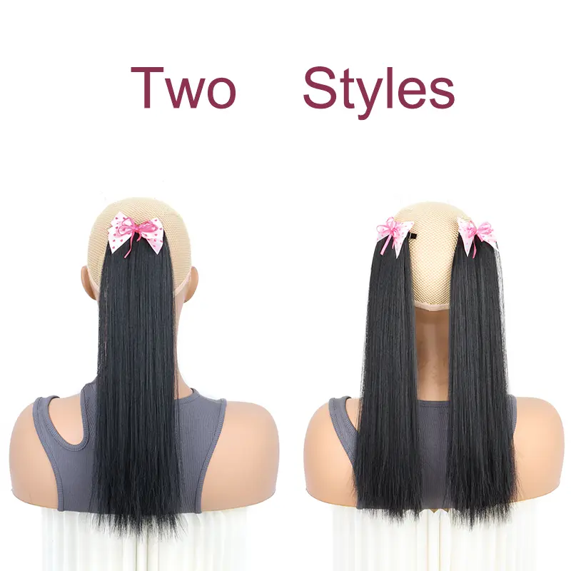 Synthetic Long Wig Straight Hair Clip Bow Hair Accessory Cute Princess Shaped Hair ClipPonytail for Girls