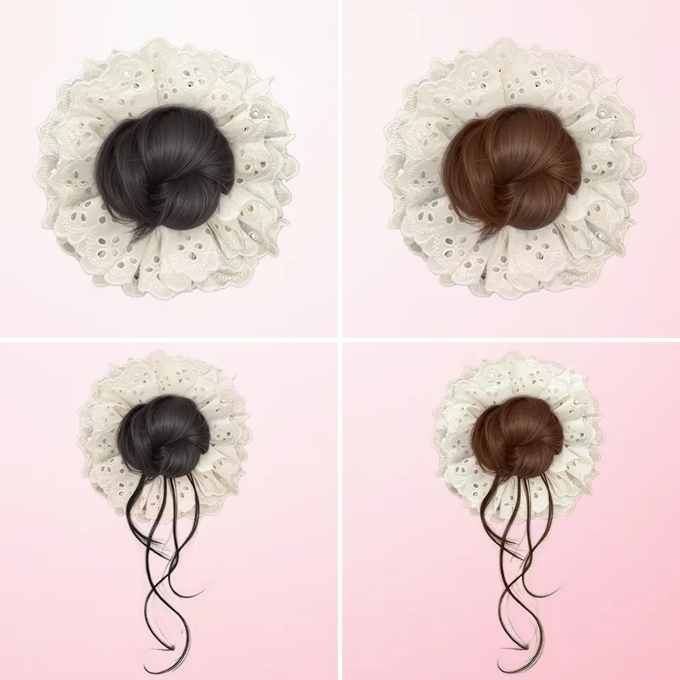 LUPU White Lace wig with bun，Synthetic Bun Wig For Women Elastic Lace Hairband Flower Bud Hair Accessorie