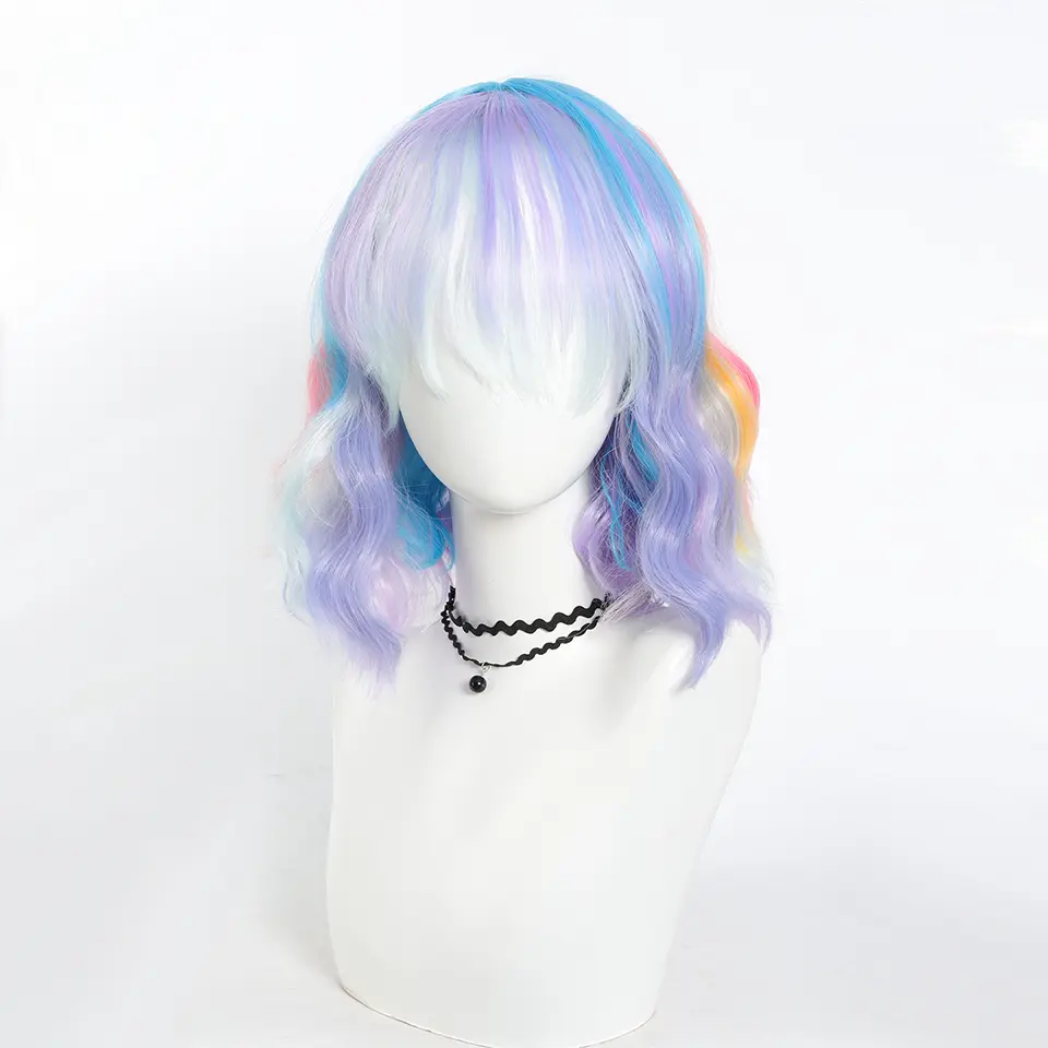 14 Inch Synthetic Wavy With Bangs In Multicolor Wigs， Fashion Party Cosplay For Women And Girls For Christmas And New Year Use