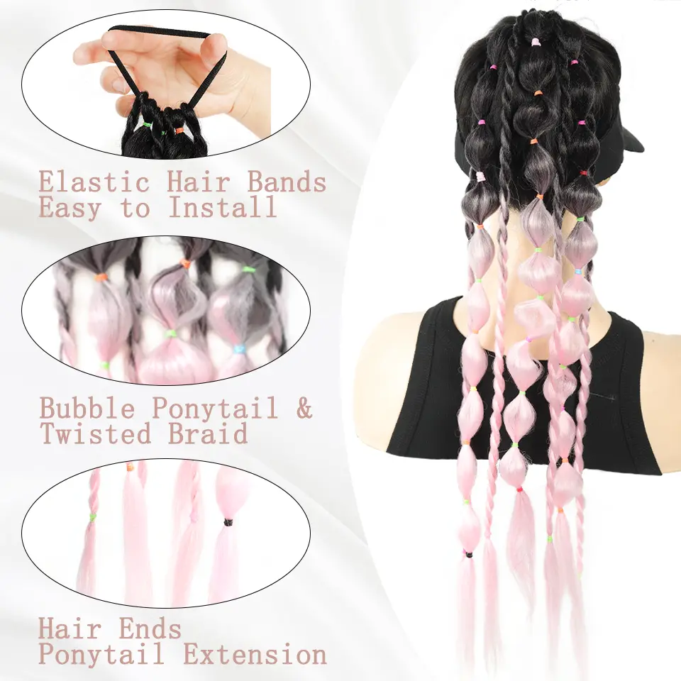 Colorful Bubble Ponytail Braid Synthetic 24 Inch Long Handmade Hairpiece Extensions Puff Ponytail False Hair For Daily Party