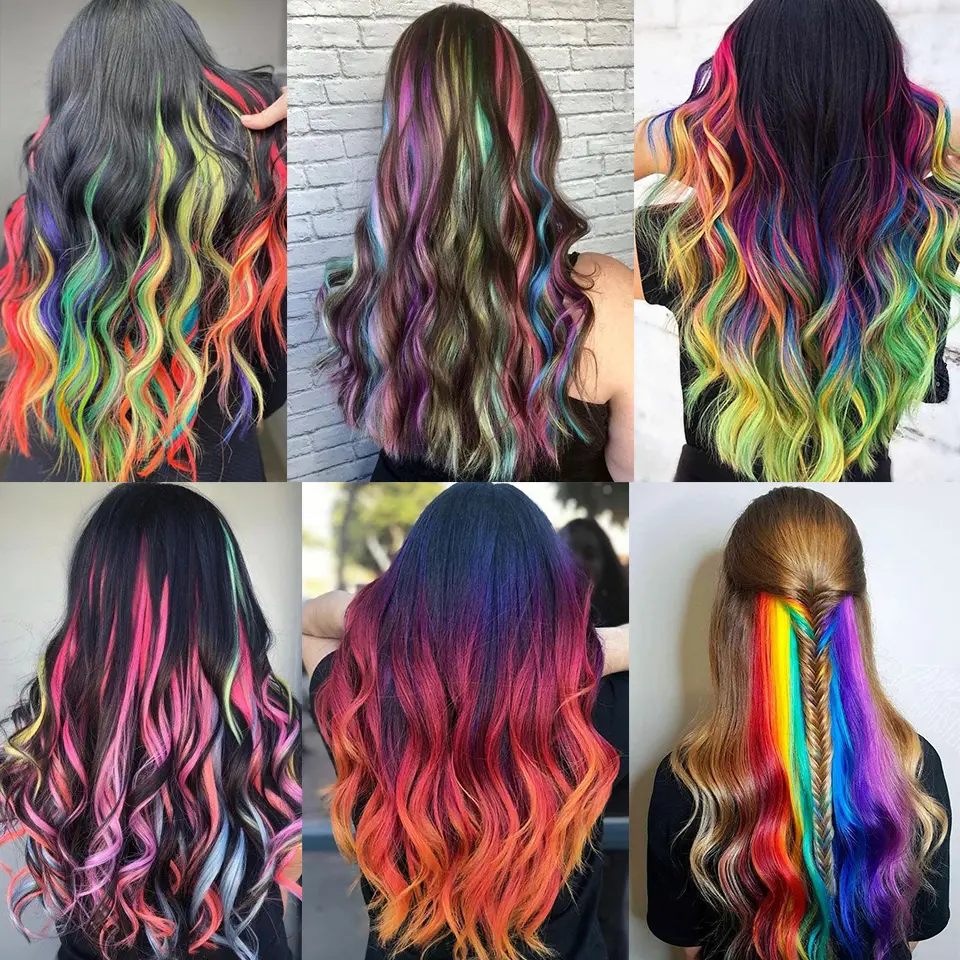 LUPU Synthetic Hair Extensions With One Clip Heat Resistant Rainbow Hair Piece For Kid Women Long Curly Wavy Style Colorful Hair
