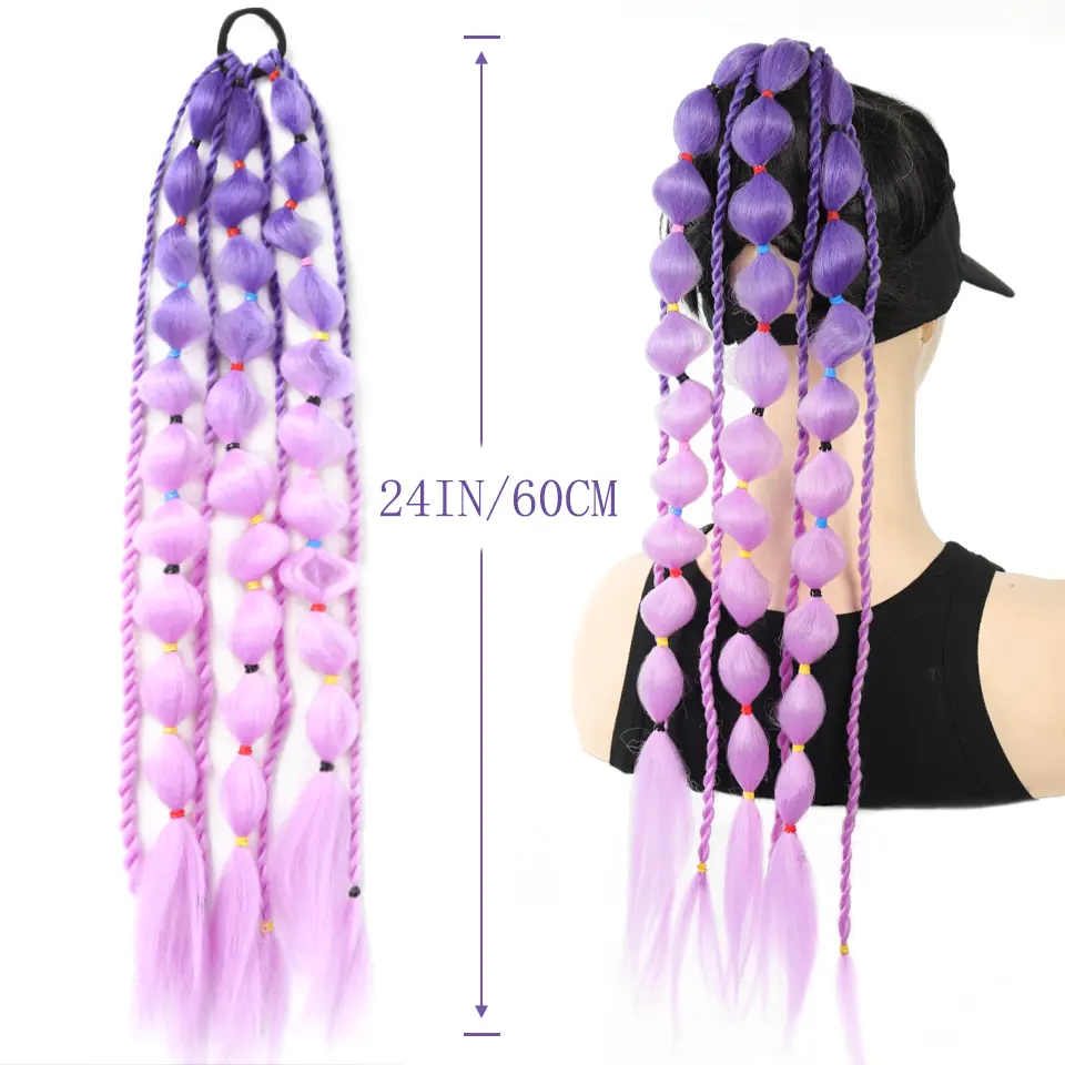 Colorful Bubble Ponytail Braid Synthetic 24 Inch Long Handmade Hairpiece Extensions Puff Ponytail False Hair For Daily Party