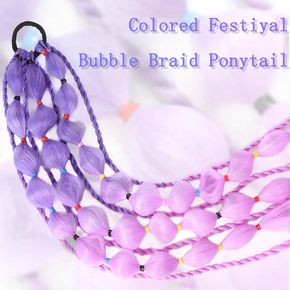 Colorful Bubble Ponytail Braid Synthetic 24 Inch Long Handmade Hairpiece Extensions Puff Ponytail False Hair For Daily Party
