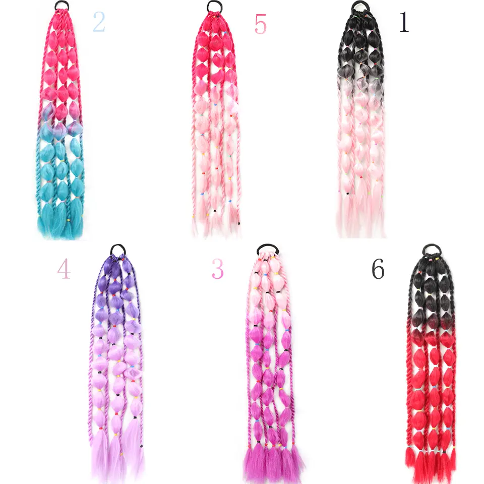 Colorful Bubble Ponytail Braid Synthetic 24 Inch Long Handmade Hairpiece Extensions Puff Ponytail False Hair For Daily Party